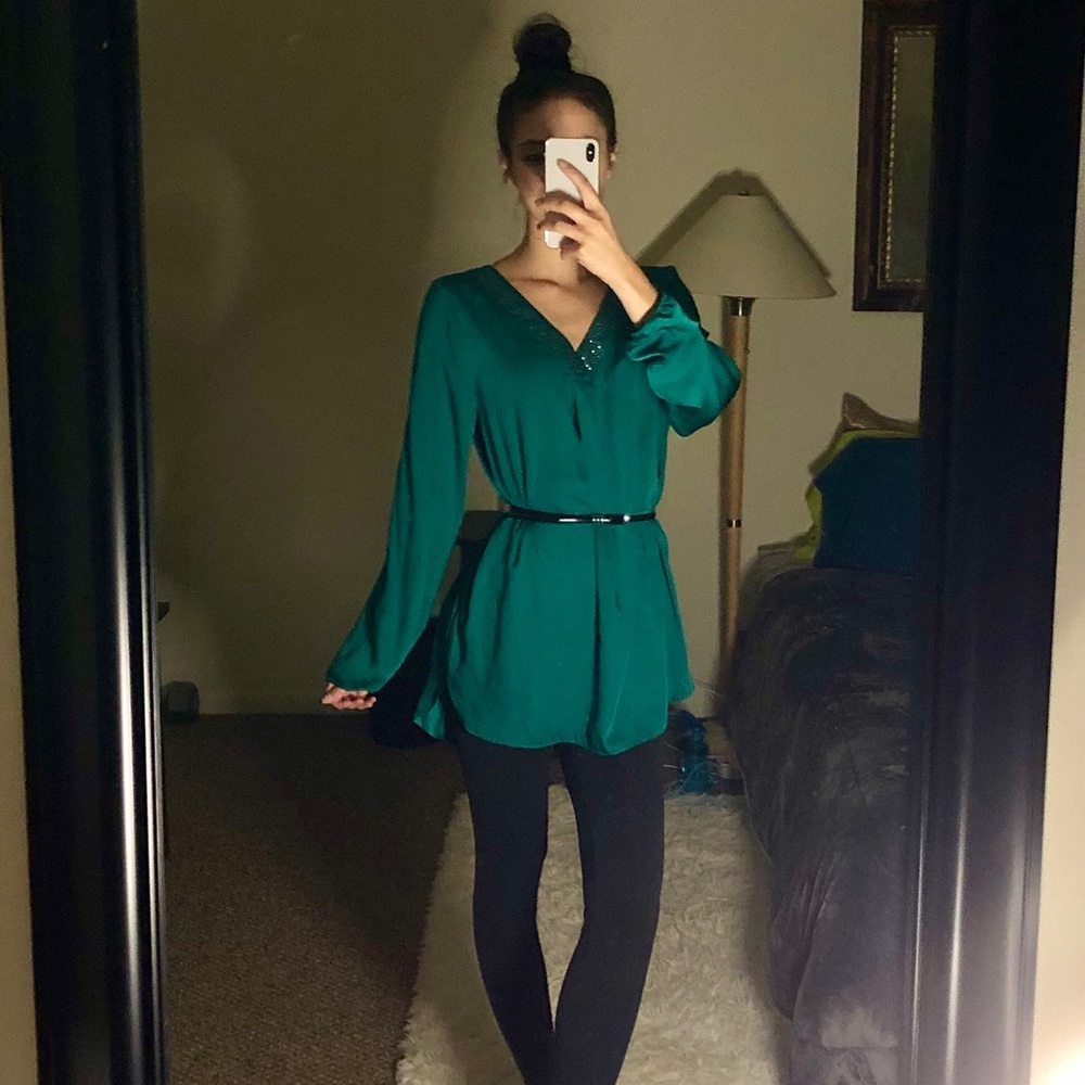 Rhinestone Teal Silk Blouse